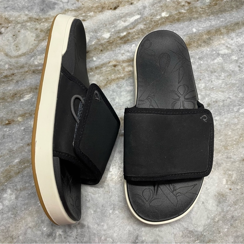 OLUKAI BLACK NU’A ‘OLU SLIDES SANDALS Women’s 7